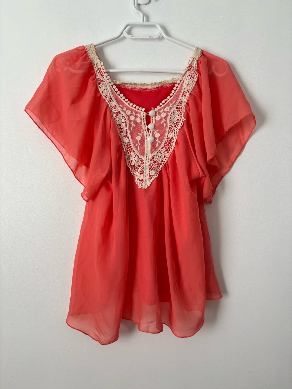 Coral Sheer Chiffon Boho Top Crochet Lace Trim Flutter Sleeve Peasant Blouse - S